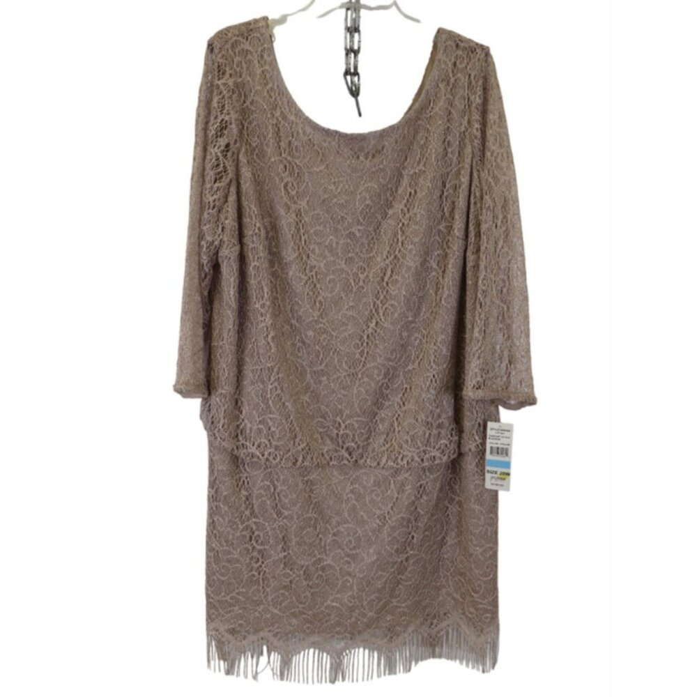 S.L. Fashions NWT Taupe Gold Crochet Blouson Fringe Hem Cocktail Dress, Size 20W